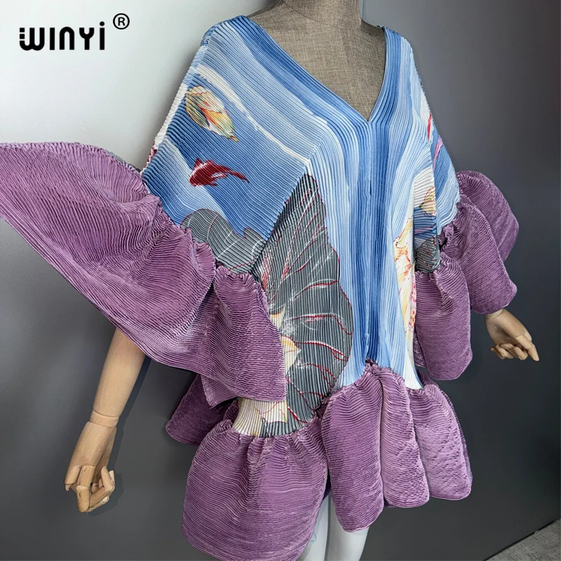 WINYI Women's Pleated Elastic Elegant Short Dress Beach Cover Up Kaftan Abaya Dubai Luxury Evening Wear Muslim Fashion