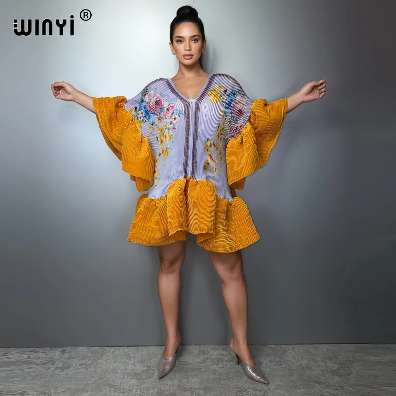 WINYI Women's Pleated Elastic Elegant Short Dress Beach Cover Up Kaftan Abaya Dubai Luxury Evening Wear Muslim Fashion