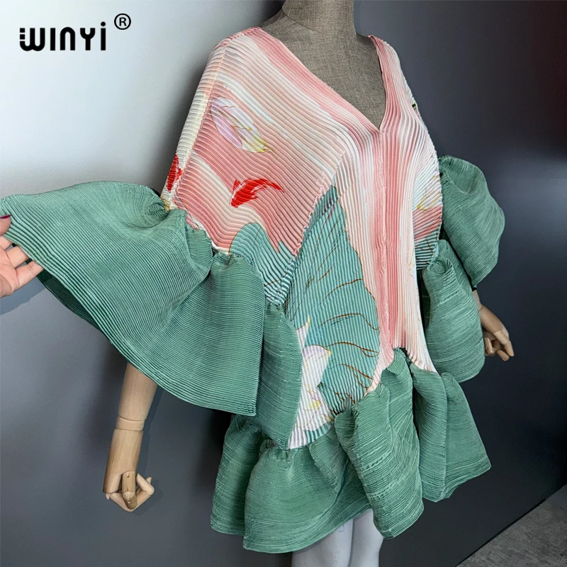 WINYI Women's Pleated Elastic Elegant Short Dress Beach Cover Up Kaftan Abaya Dubai Luxury Evening Wear Muslim Fashion