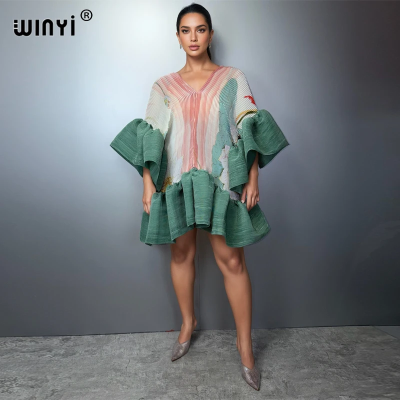 WINYI Women's Pleated Elastic Elegant Short Dress Beach Cover Up Kaftan Abaya Dubai Luxury Evening Wear Muslim Fashion