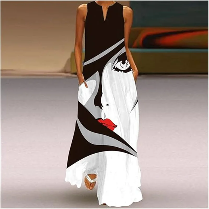 Fashion Lady Summer Long Women's Dress Black Sleeveless Loose Face Print Elegant Party Dresses For Women Casual Beach Dress Robe