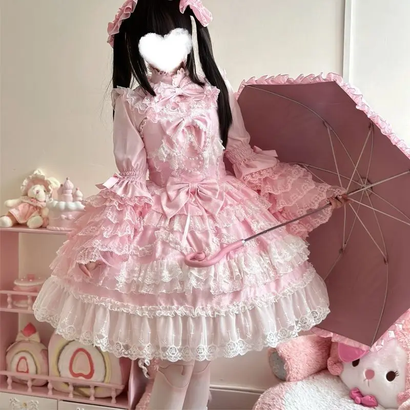 2025 New Victorian Sweet Lolita Dress Women Kawaii Cute Lace Ruffles Flower Wedding Bow Japanese Retro Elegant Princess Dresses