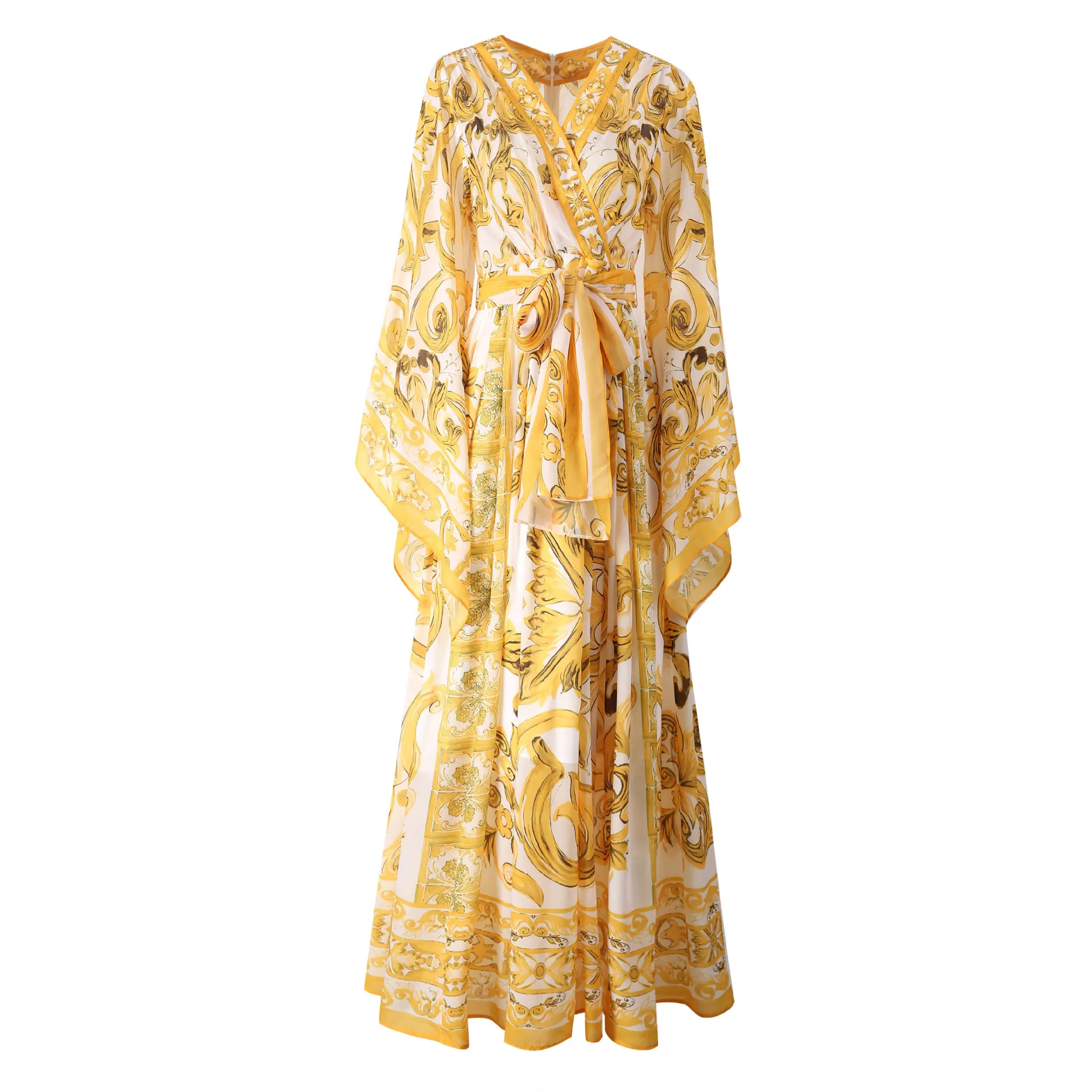 Wein Lady Women's Chiffon Silk Printed Large Swing V-neck Flying Sleeves Yellow Porcelain Dress Cross-border Women's Long Skirt