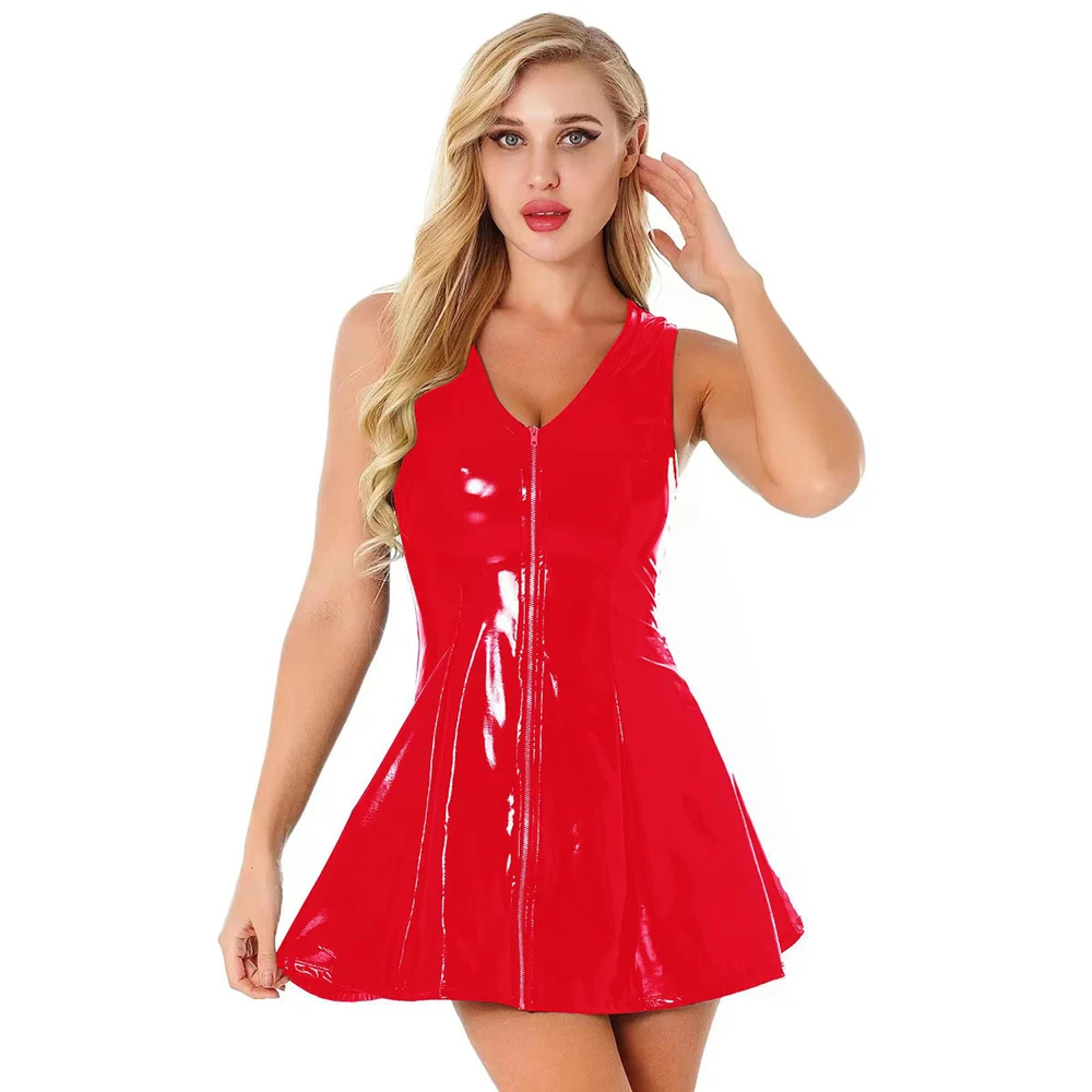 S-5XL Sleeveless Shiny Faux PU Leather A-line Dress Wet Look PVC Dresses Tights Sexy Sundress V-neck Vestido Minifalda Miniskirt