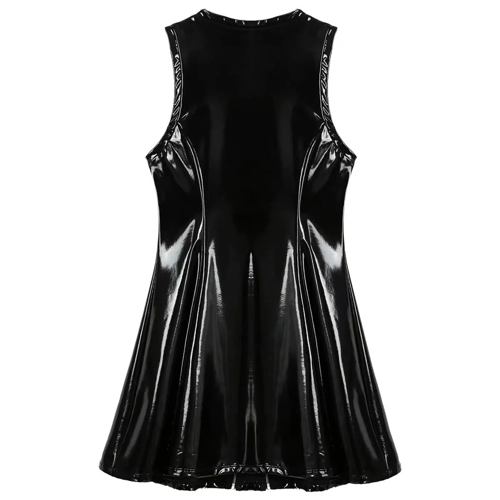 S-5XL Sleeveless Shiny Faux PU Leather A-line Dress Wet Look PVC Dresses Tights Sexy Sundress V-neck Vestido Minifalda Miniskirt