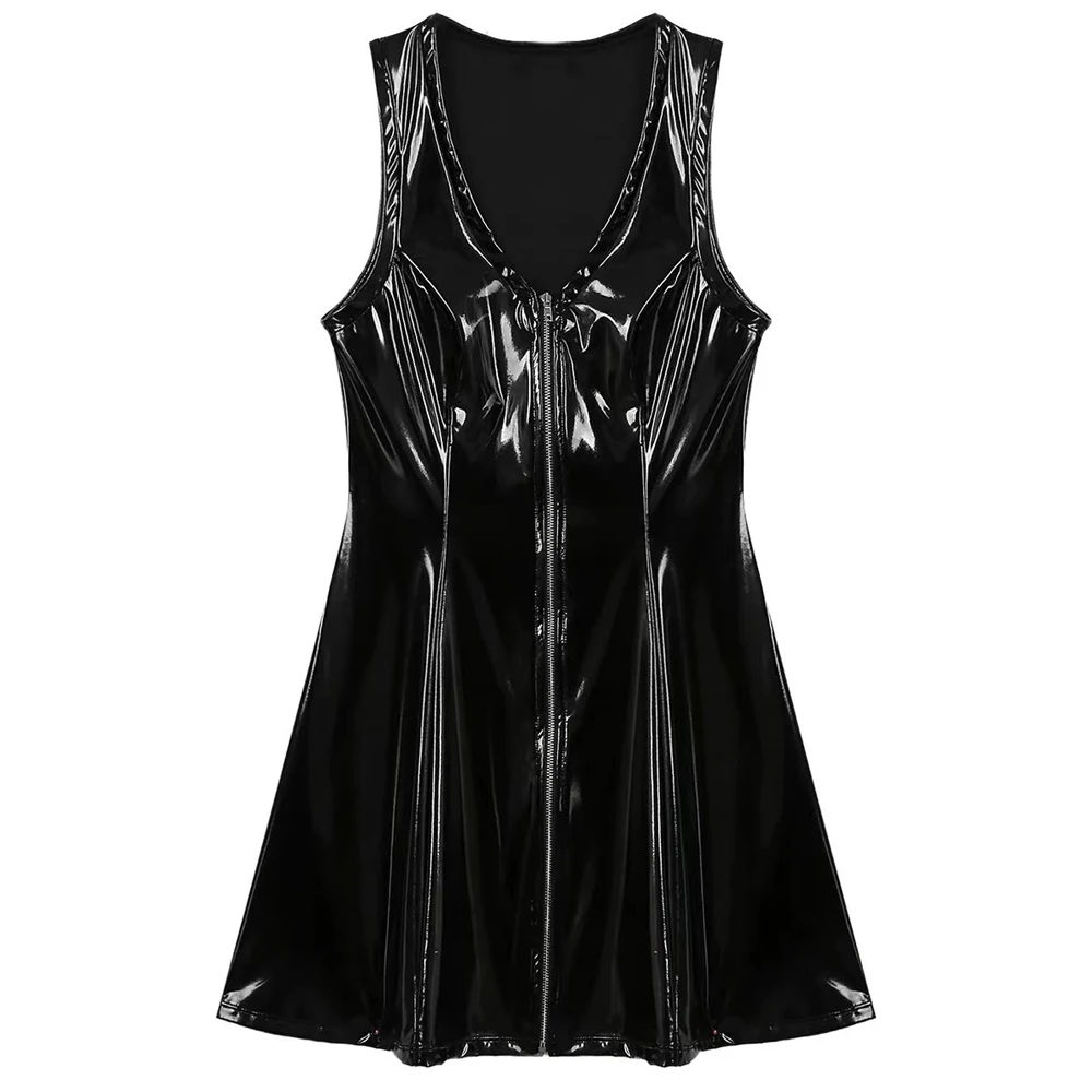 S-5XL Sleeveless Shiny Faux PU Leather A-line Dress Wet Look PVC Dresses Tights Sexy Sundress V-neck Vestido Minifalda Miniskirt