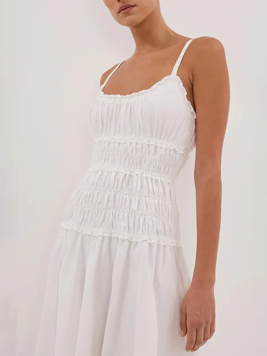Bornladies New 2026 Summer White Ruched Long Dresses Women's Spaghetti Strap Cotton Slim Fitted Waist Dress
