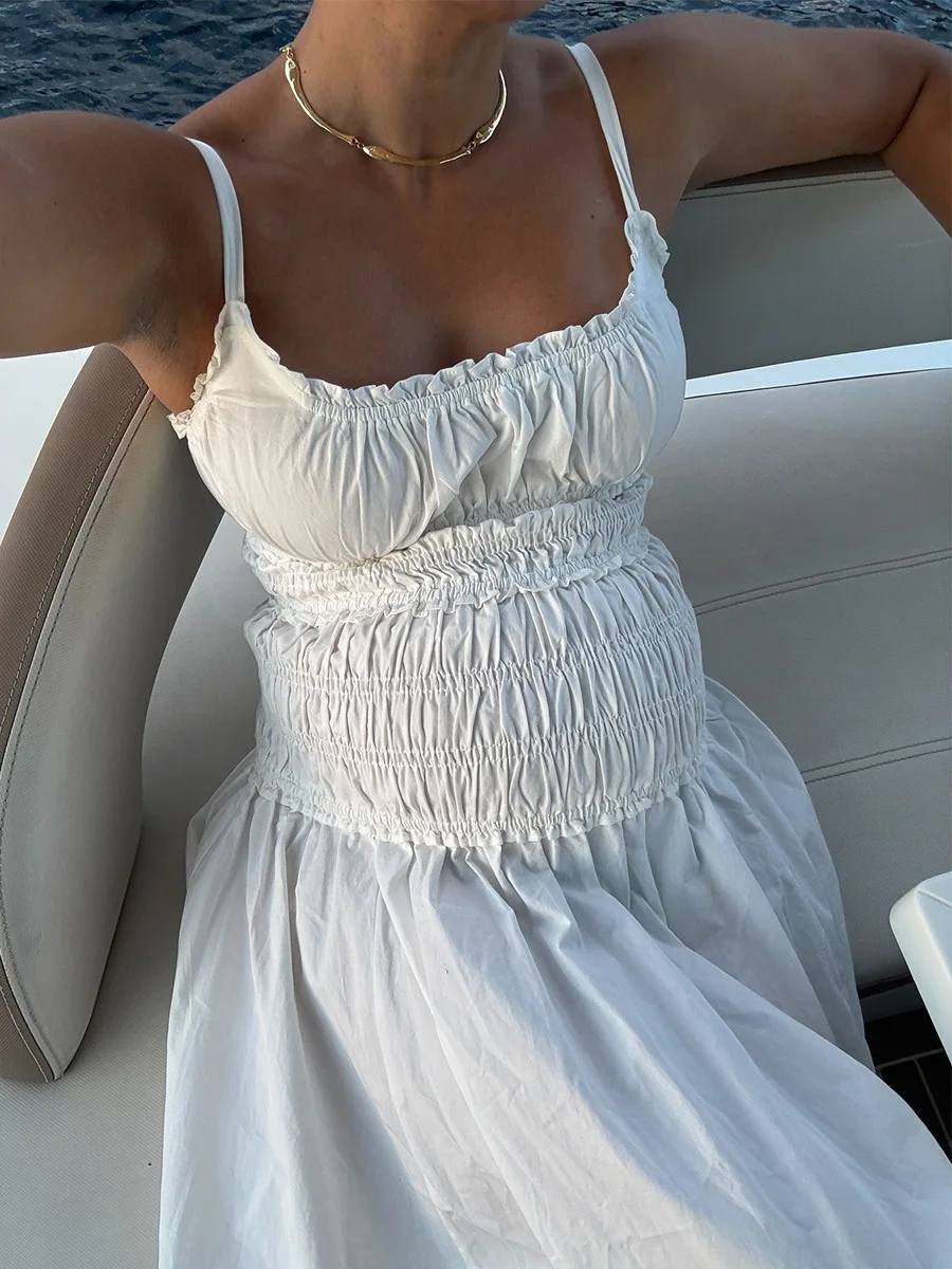 Bornladies New 2026 Summer White Ruched Long Dresses Women's Spaghetti Strap Cotton Slim Fitted Waist Dress