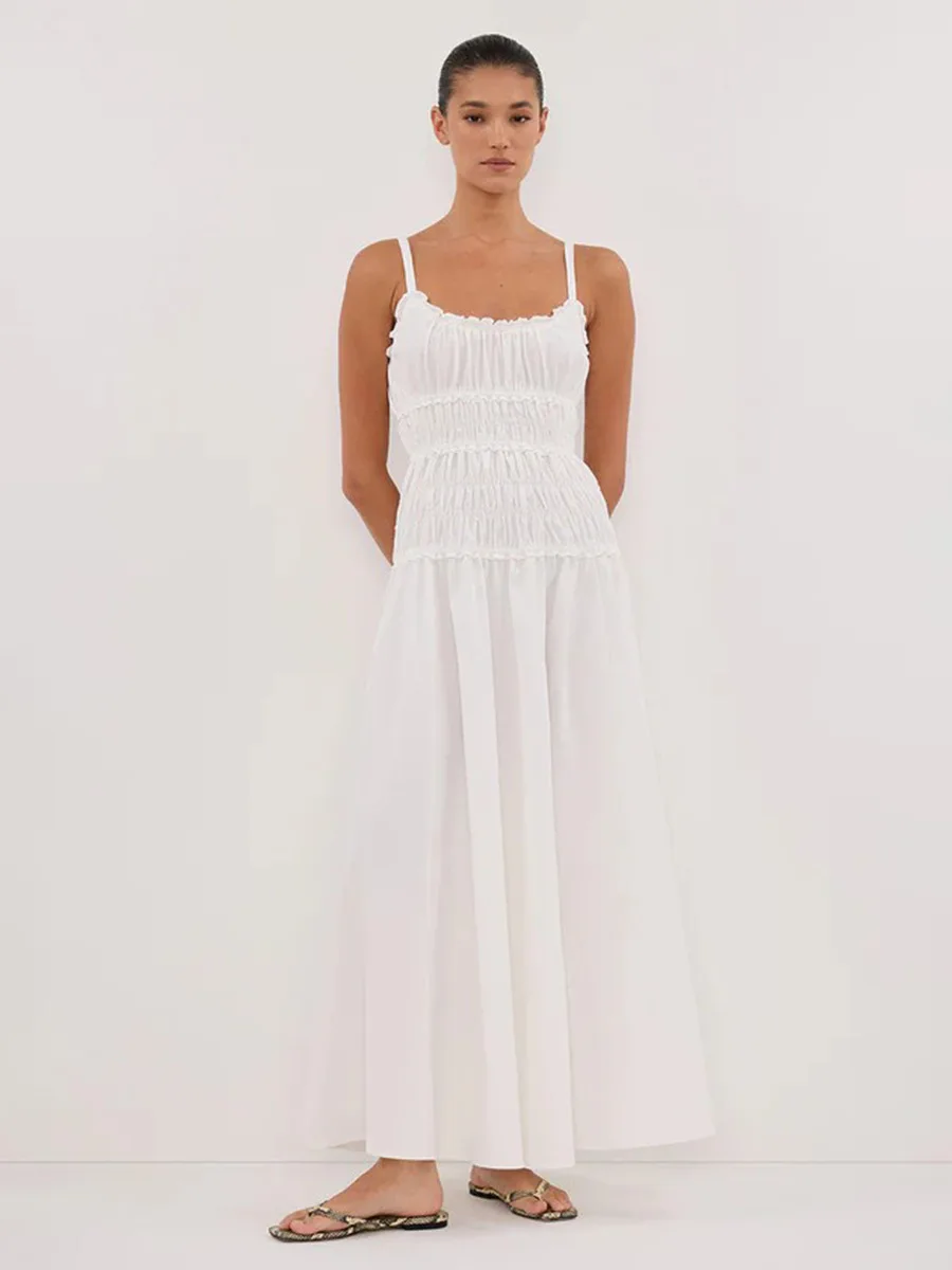 Bornladies New 2026 Summer White Ruched Long Dresses Women's Spaghetti Strap Cotton Slim Fitted Waist Dress