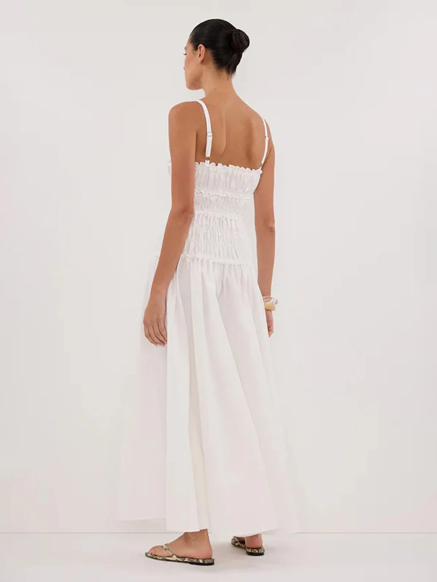 Bornladies New 2026 Summer White Ruched Long Dresses Women's Spaghetti Strap Cotton Slim Fitted Waist Dress