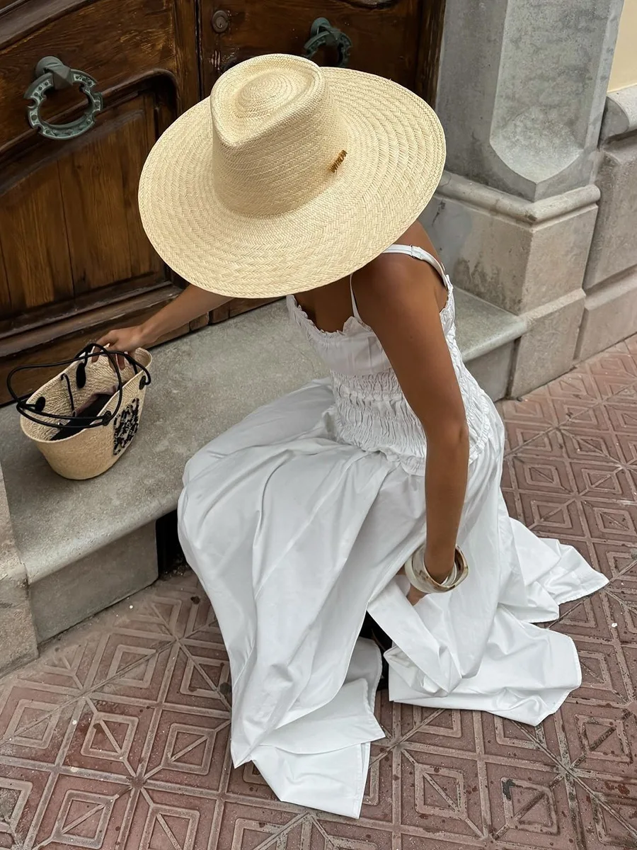 Bornladies New 2026 Summer White Ruched Long Dresses Women's Spaghetti Strap Cotton Slim Fitted Waist Dress