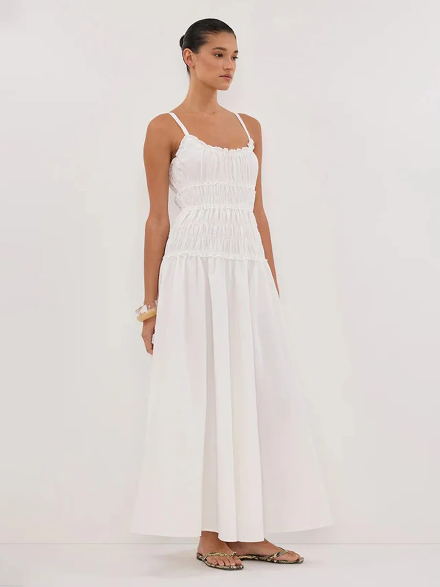 Bornladies New 2026 Summer White Ruched Long Dresses Women's Spaghetti Strap Cotton Slim Fitted Waist Dress
