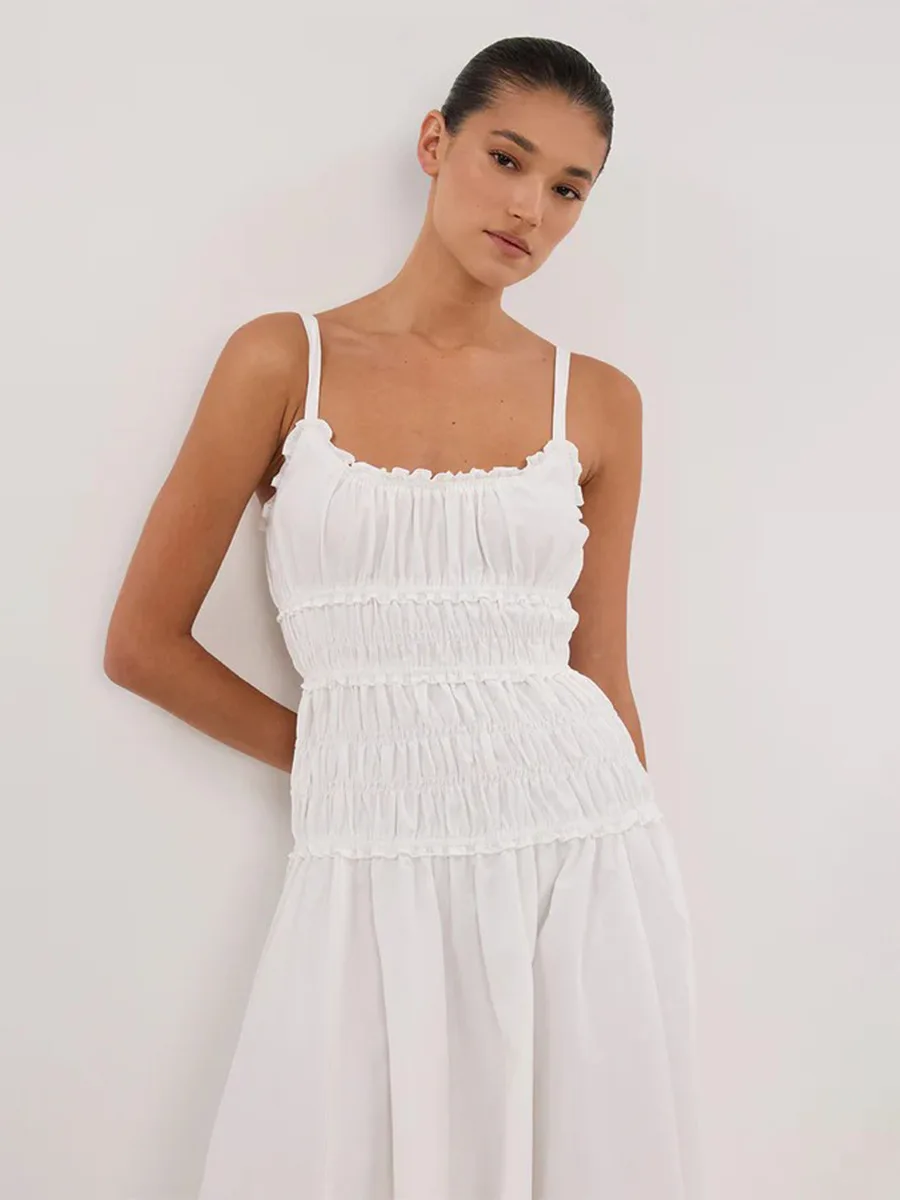 Bornladies New 2026 Summer White Ruched Long Dresses Women's Spaghetti Strap Cotton Slim Fitted Waist Dress