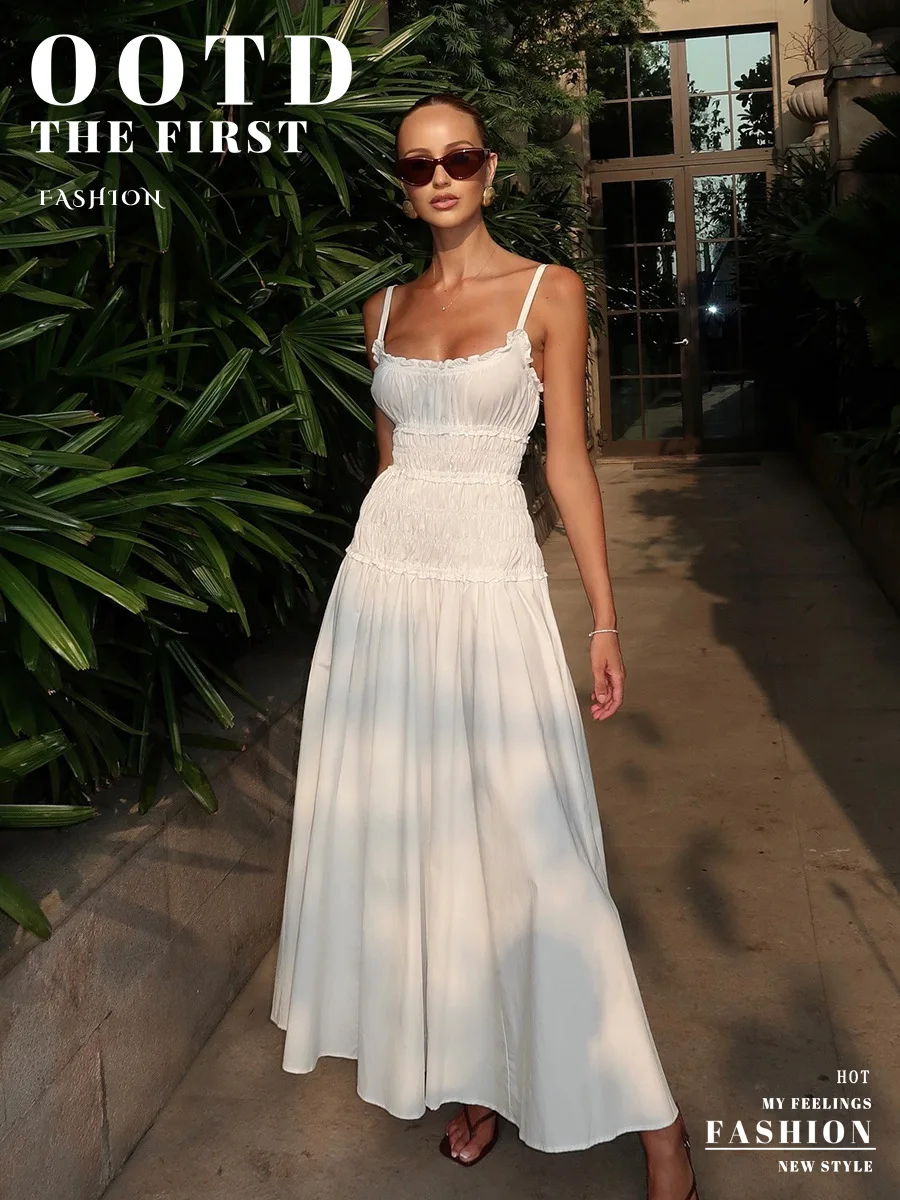 Bornladies New 2026 Summer White Ruched Long Dresses Women's Spaghetti Strap Cotton Slim Fitted Waist Dress