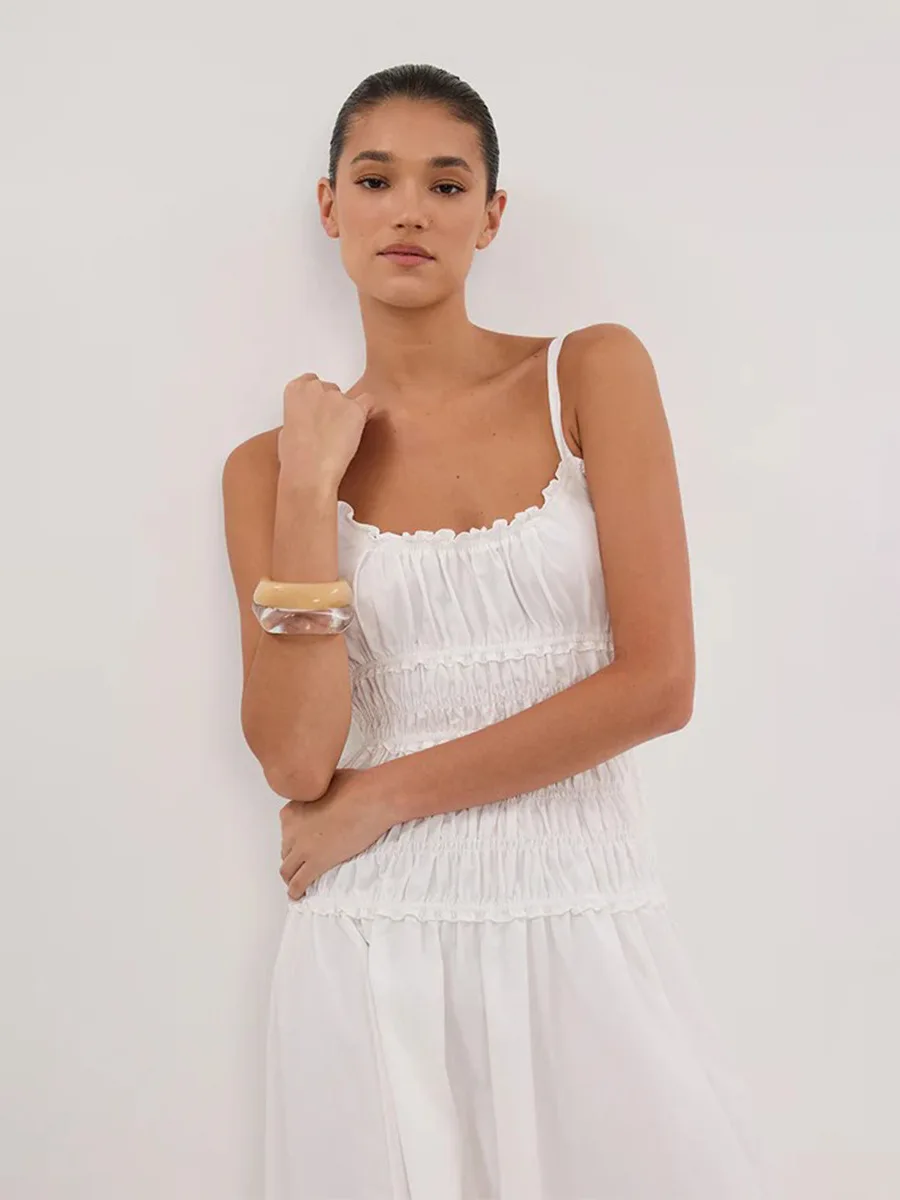 Bornladies New 2026 Summer White Ruched Long Dresses Women's Spaghetti Strap Cotton Slim Fitted Waist Dress