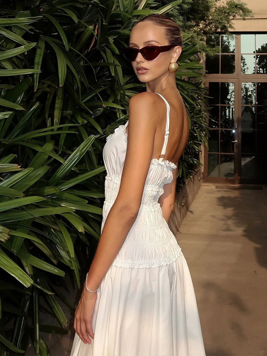 Bornladies New 2026 Summer White Ruched Long Dresses Women's Spaghetti Strap Cotton Slim Fitted Waist Dress