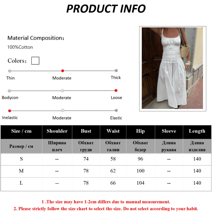 Bornladies New 2026 Summer White Ruched Long Dresses Women's Spaghetti Strap Cotton Slim Fitted Waist Dress