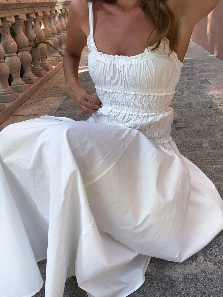 Bornladies New 2026 Summer White Ruched Long Dresses Women's Spaghetti Strap Cotton Slim Fitted Waist Dress