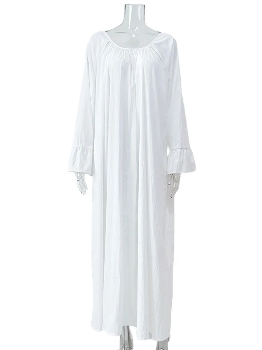 Parc Fee Casual Loose White Women Dress 2025 Elegant U-Neck Long Sleeve Floor-Length Dresses Simple Oversize Solid Female Dress