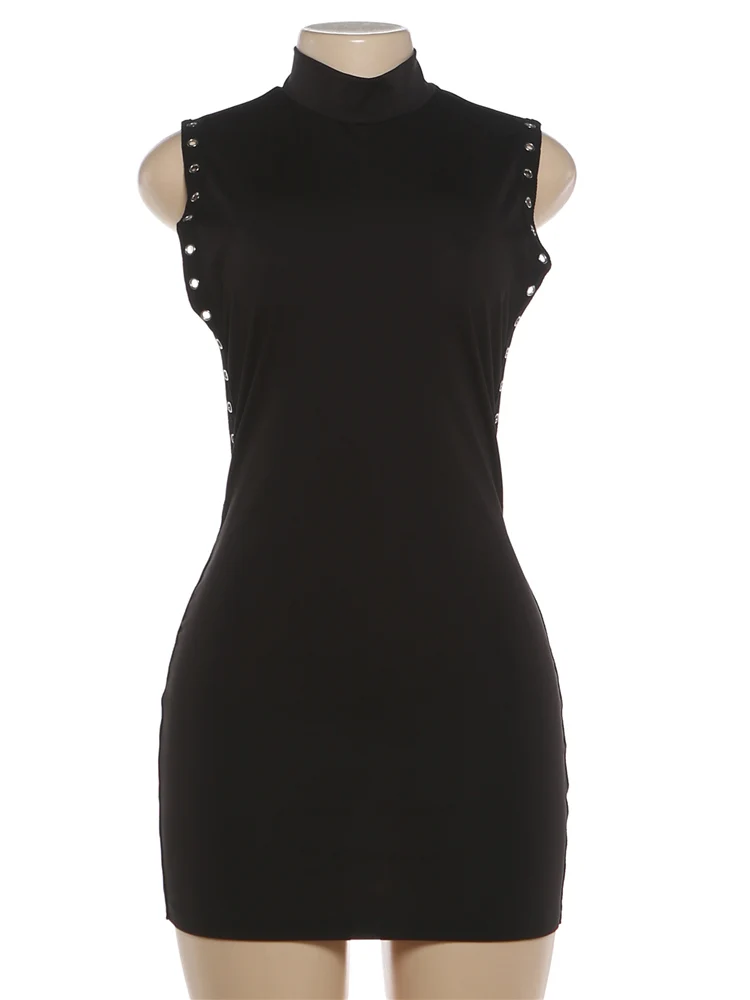 Kliou Side Hollow Design Mini Dress Woman o-Neck Sleeveless Metal Rings Decoration Skinny Peach Hip Midnight Club Party Bodycon