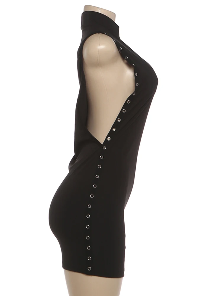 Kliou Side Hollow Design Mini Dress Woman o-Neck Sleeveless Metal Rings Decoration Skinny Peach Hip Midnight Club Party Bodycon