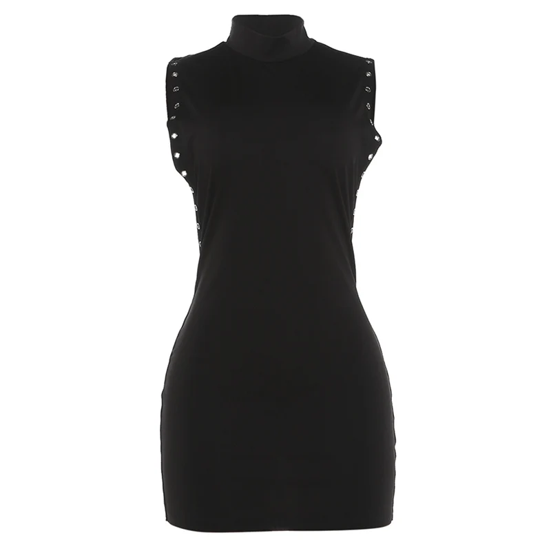 Kliou Side Hollow Design Mini Dress Woman o-Neck Sleeveless Metal Rings Decoration Skinny Peach Hip Midnight Club Party Bodycon