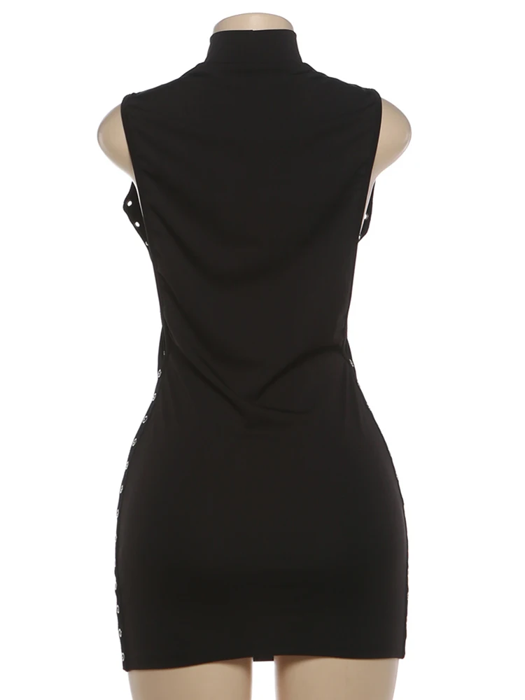 Kliou Side Hollow Design Mini Dress Woman o-Neck Sleeveless Metal Rings Decoration Skinny Peach Hip Midnight Club Party Bodycon