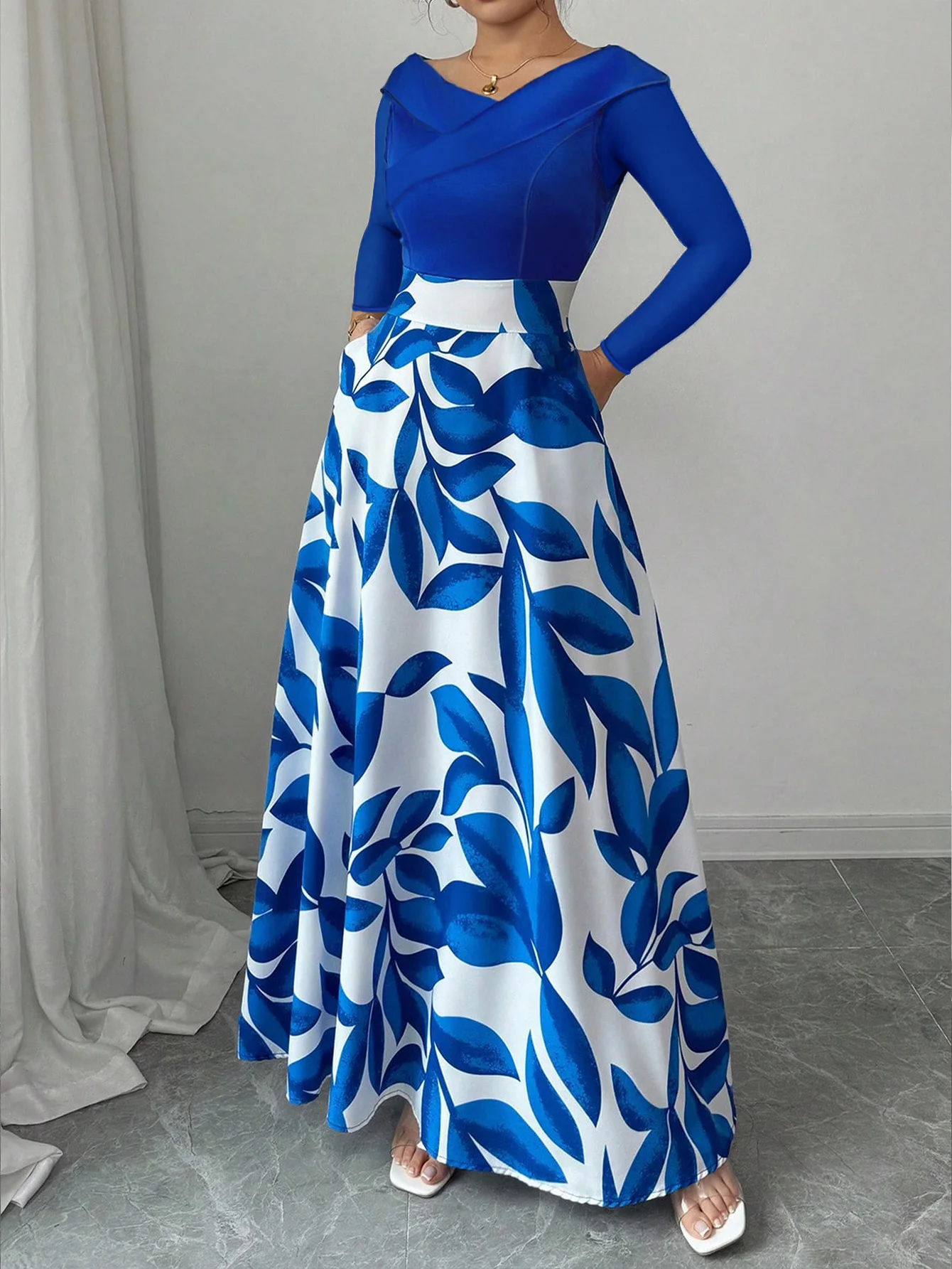 Women's Blue White Floral Maxi Dress Asymmetric Neckline Color Block Design Ideal for Evening Events Garden Parties Elegant Styl