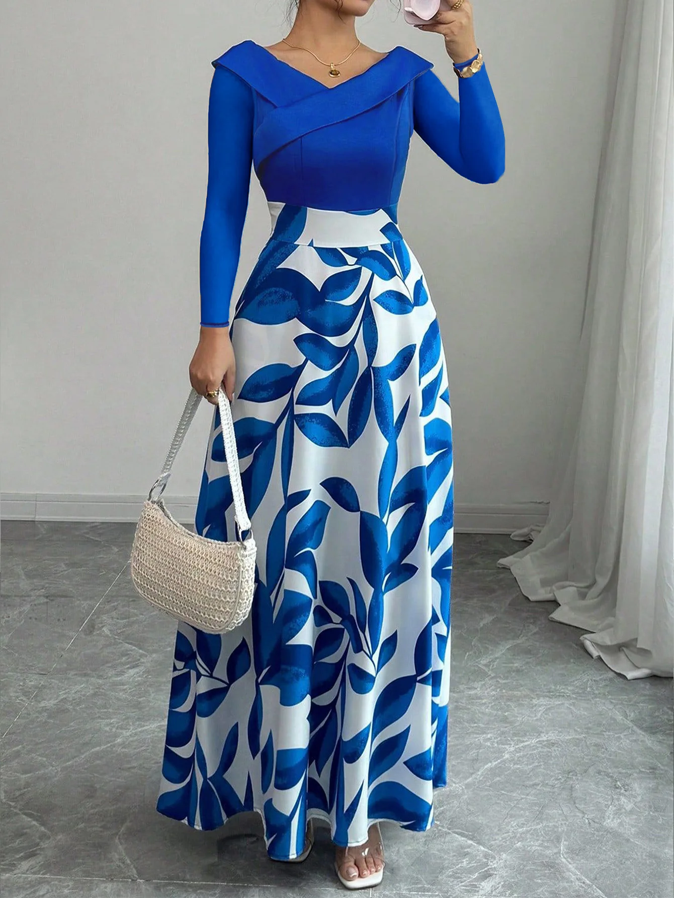 Women's Blue White Floral Maxi Dress Asymmetric Neckline Color Block Design Ideal for Evening Events Garden Parties Elegant Styl