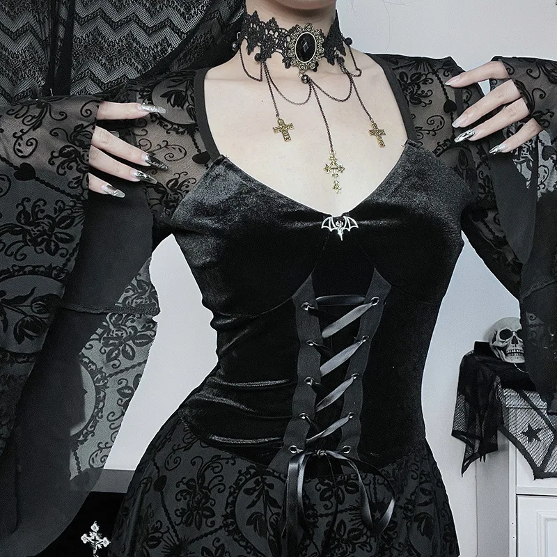 Goth Dark Elegant Vintage Mall Gothic Velvet Dresses Grunge Punk Style Flocked Bandage Dress Women Flare Sleeve Party Alt Outfit