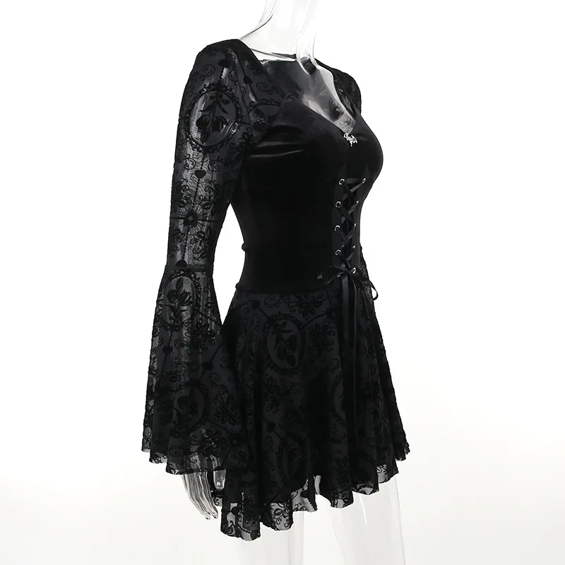 Goth Dark Elegant Vintage Mall Gothic Velvet Dresses Grunge Punk Style Flocked Bandage Dress Women Flare Sleeve Party Alt Outfit