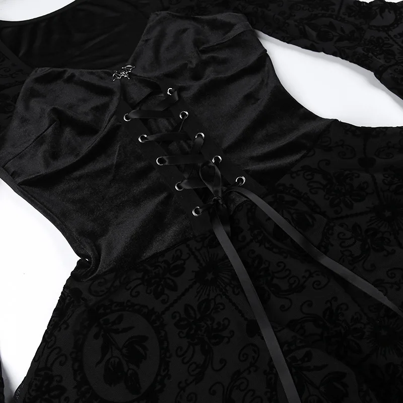 Goth Dark Elegant Vintage Mall Gothic Velvet Dresses Grunge Punk Style Flocked Bandage Dress Women Flare Sleeve Party Alt Outfit
