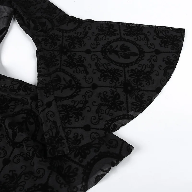 Goth Dark Elegant Vintage Mall Gothic Velvet Dresses Grunge Punk Style Flocked Bandage Dress Women Flare Sleeve Party Alt Outfit