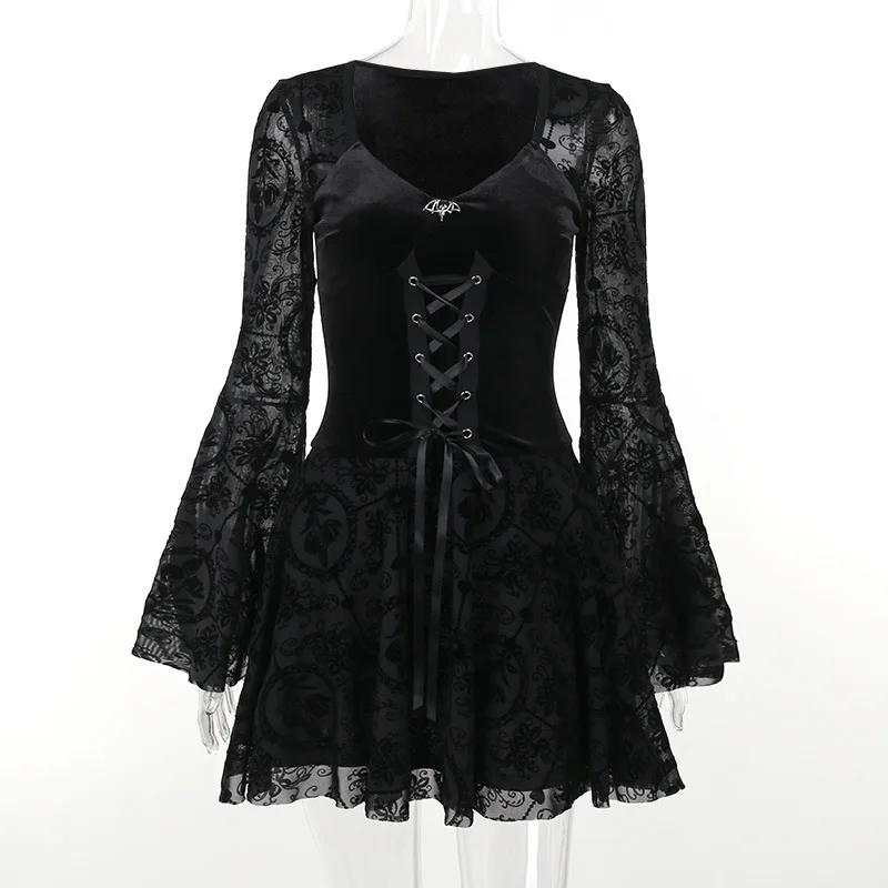 Goth Dark Elegant Vintage Mall Gothic Velvet Dresses Grunge Punk Style Flocked Bandage Dress Women Flare Sleeve Party Alt Outfit