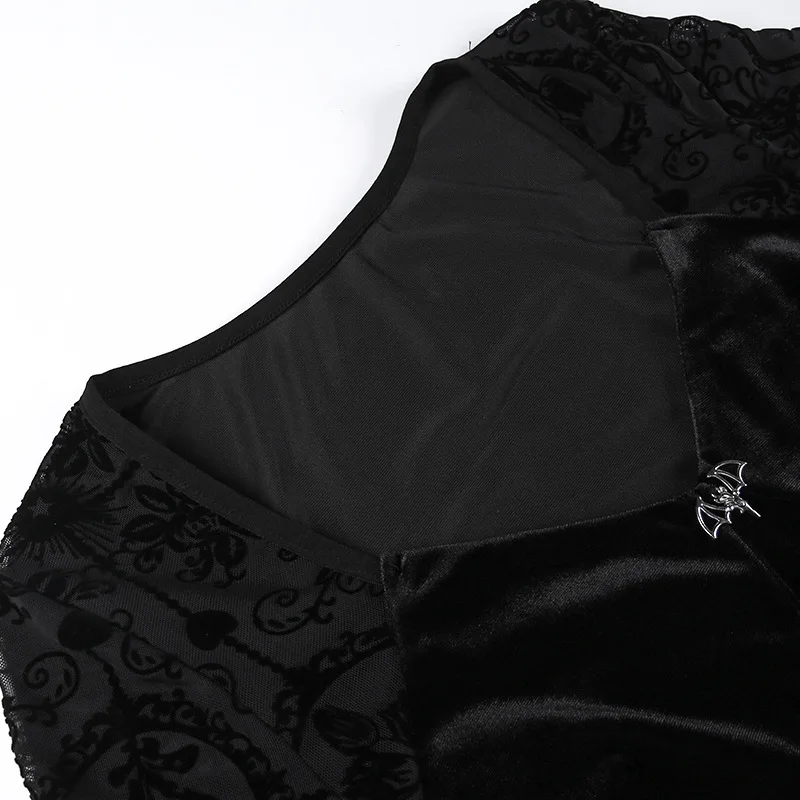 Goth Dark Elegant Vintage Mall Gothic Velvet Dresses Grunge Punk Style Flocked Bandage Dress Women Flare Sleeve Party Alt Outfit