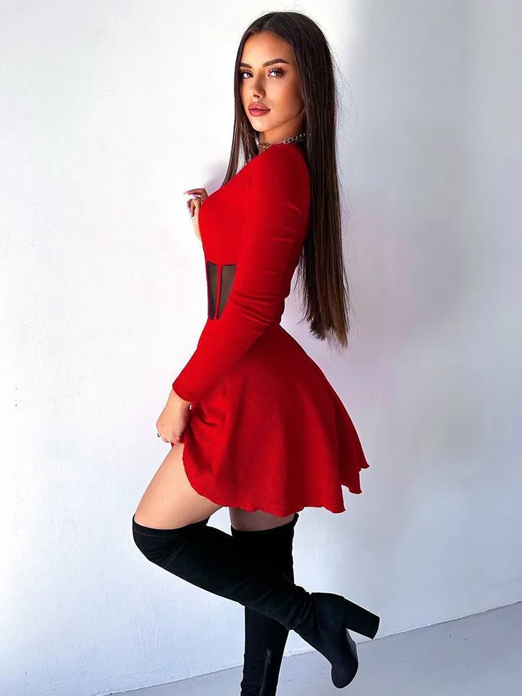 A-Line Solid Dresses For Women Fashion Sexy Streetwear Long Sleeves Mesh Patchwork O-Neck Mini Vestidos Robes Female Slim Fit
