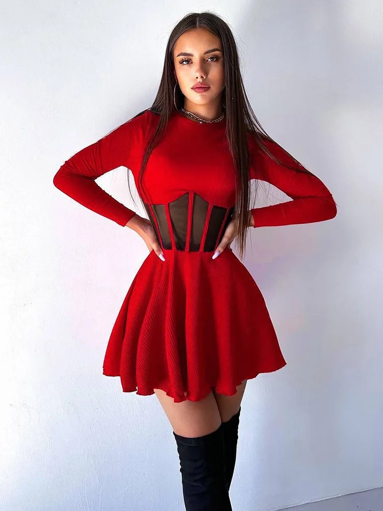 A-Line Solid Dresses For Women Fashion Sexy Streetwear Long Sleeves Mesh Patchwork O-Neck Mini Vestidos Robes Female Slim Fit