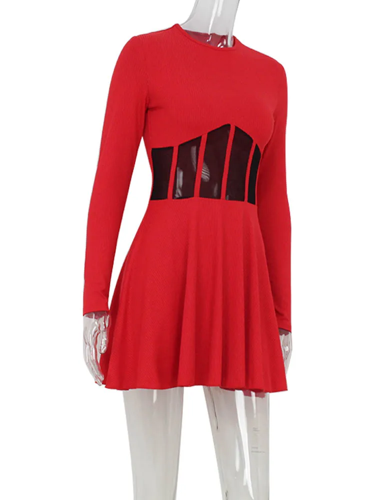A-Line Solid Dresses For Women Fashion Sexy Streetwear Long Sleeves Mesh Patchwork O-Neck Mini Vestidos Robes Female Slim Fit