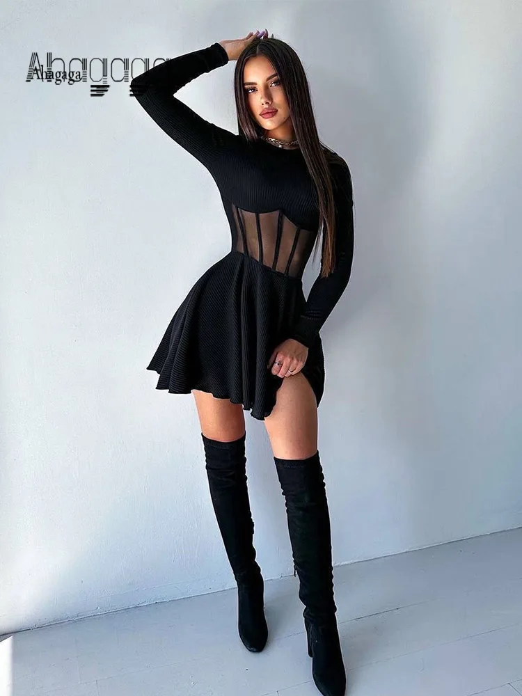 A-Line Solid Dresses For Women Fashion Sexy Streetwear Long Sleeves Mesh Patchwork O-Neck Mini Vestidos Robes Female Slim Fit