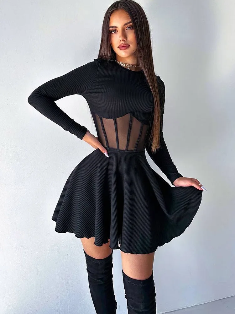A-Line Solid Dresses For Women Fashion Sexy Streetwear Long Sleeves Mesh Patchwork O-Neck Mini Vestidos Robes Female Slim Fit