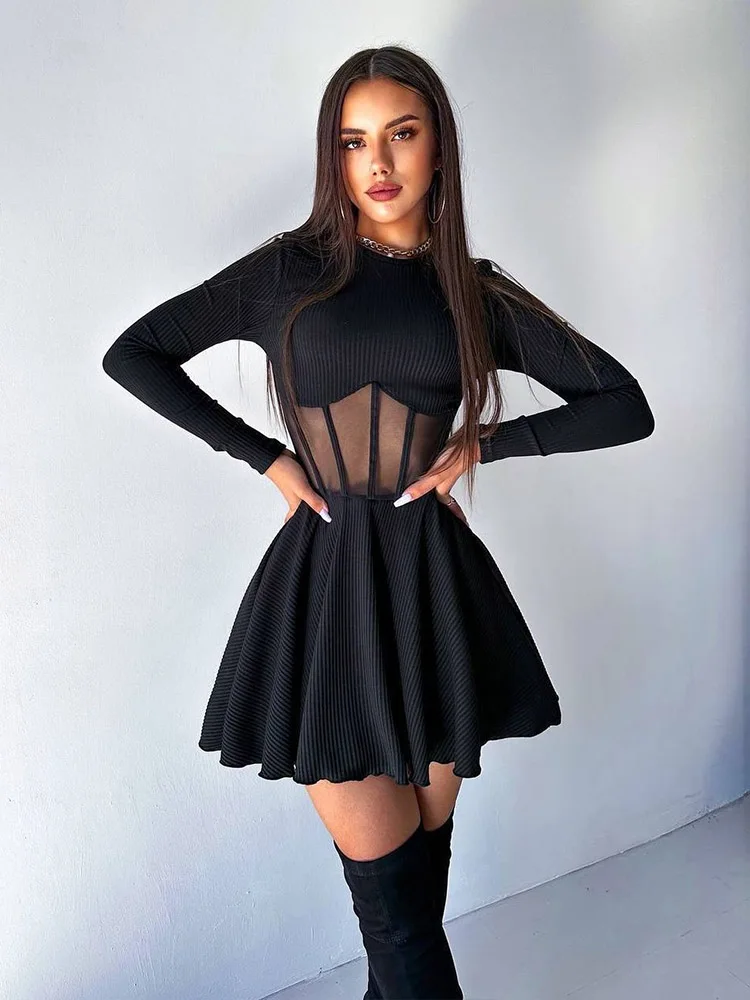 A-Line Solid Dresses For Women Fashion Sexy Streetwear Long Sleeves Mesh Patchwork O-Neck Mini Vestidos Robes Female Slim Fit
