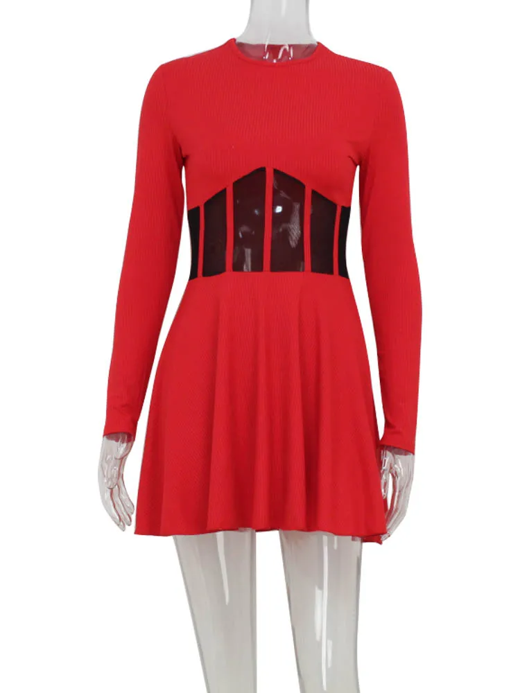 A-Line Solid Dresses For Women Fashion Sexy Streetwear Long Sleeves Mesh Patchwork O-Neck Mini Vestidos Robes Female Slim Fit