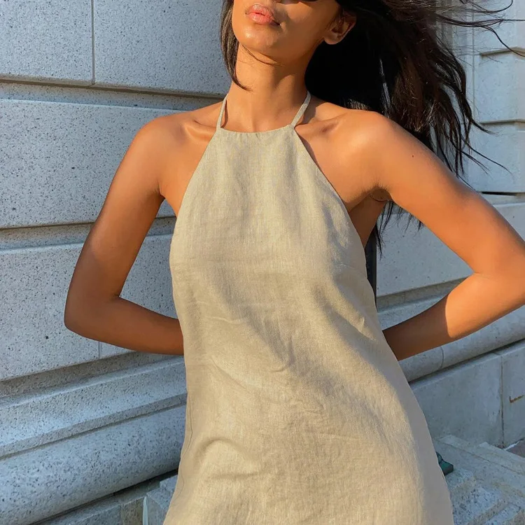 Women's Halter Backless Dress Summer Women's Cotton Linen Distress Personal Simple Sexy Sleeveless A-line Casual Beach Dress
