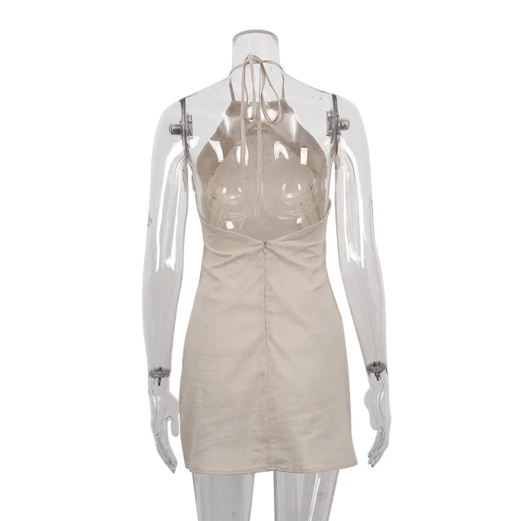 Women's Halter Backless Dress Summer Women's Cotton Linen Distress Personal Simple Sexy Sleeveless A-line Casual Beach Dress