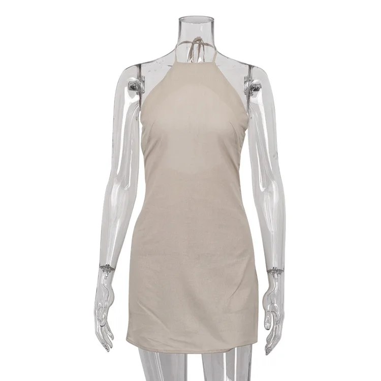 Women's Halter Backless Dress Summer Women's Cotton Linen Distress Personal Simple Sexy Sleeveless A-line Casual Beach Dress