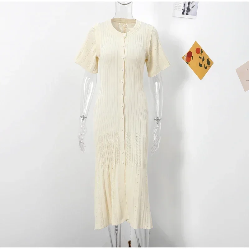 Knitted Maxi Dress For Women elegant Short Sleeve Hollow Out Ribbed Long Dresses O-Neck High Waist Lady Knitwear