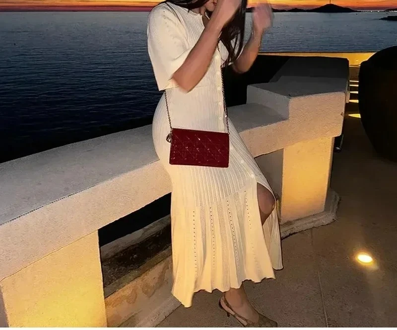 Knitted Maxi Dress For Women elegant Short Sleeve Hollow Out Ribbed Long Dresses O-Neck High Waist Lady Knitwear