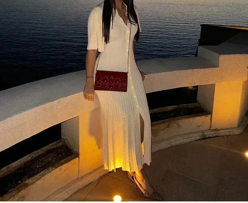 Knitted Maxi Dress For Women elegant Short Sleeve Hollow Out Ribbed Long Dresses O-Neck High Waist Lady Knitwear