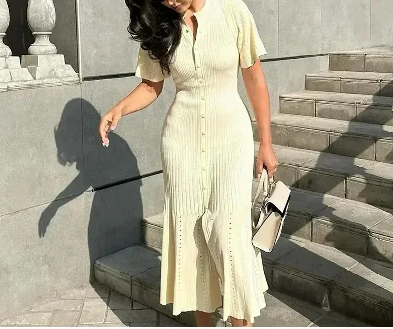 Knitted Maxi Dress For Women elegant Short Sleeve Hollow Out Ribbed Long Dresses O-Neck High Waist Lady Knitwear