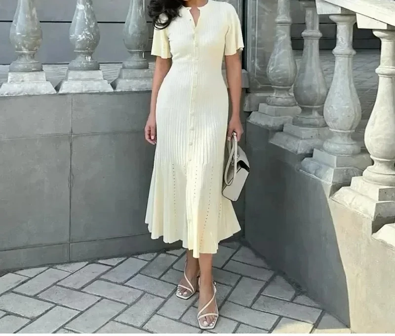 Knitted Maxi Dress For Women elegant Short Sleeve Hollow Out Ribbed Long Dresses O-Neck High Waist Lady Knitwear